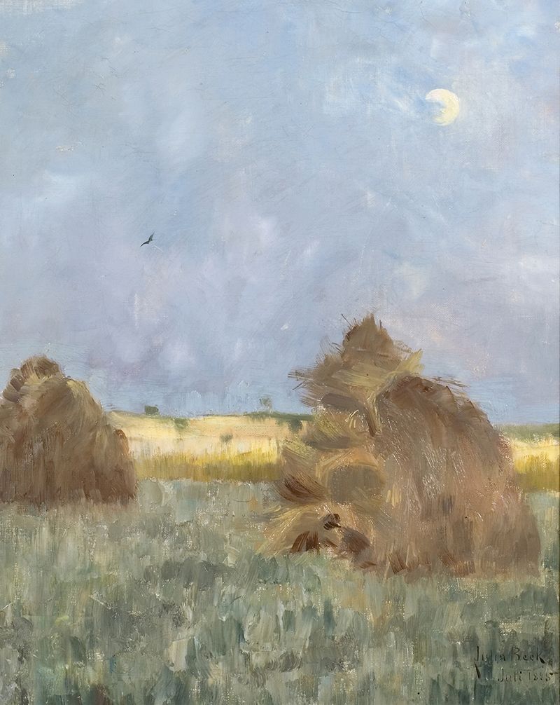 Hay-Cocks by Moonlight, óleo sobre lienzo de Julia Beck, que representa un paisaje iluminado por la luna con montones de h...
