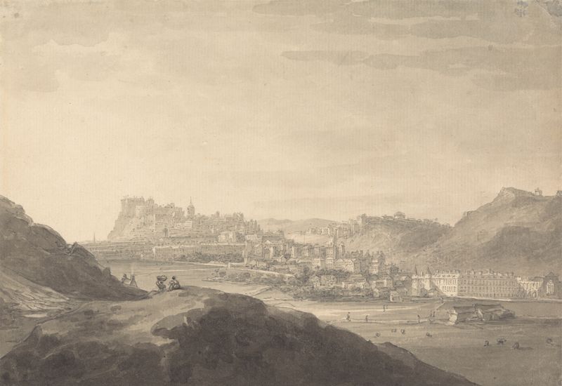 Landscape of Edinburgh by Thomas Hearne, 1778, depicting hills and city in oil painting.