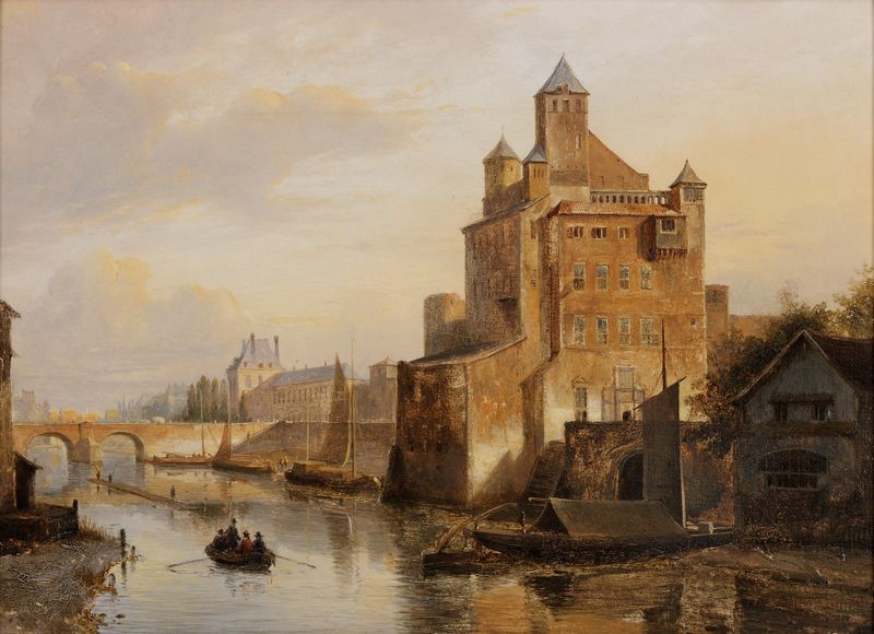 Escena de género que representa un pueblo con figuras, pintura al óleo de Kasparus Karsen.