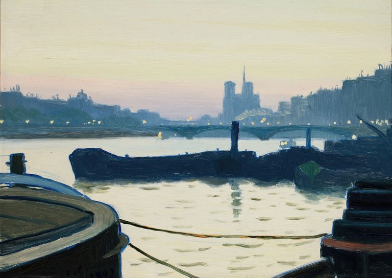 La Seine by Charles Guilloux, oil on canvas depicting a serene river landscape at dawn.