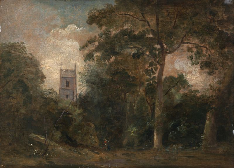A Church in the Trees, pintura a óleo de John Constable, retratando uma igreja emoldurada por árvores e luz filtrada.