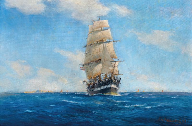 Un barco de tres mástiles en el mar, pintura al óleo de August von Ramberg