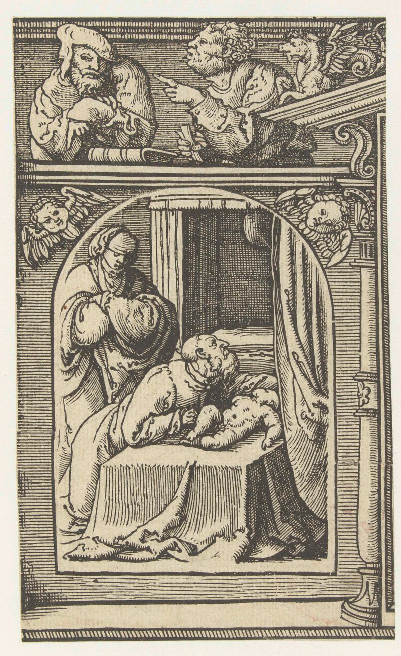 Escena religiosa con figuras en tonos tierra, papel de Unknown Artist