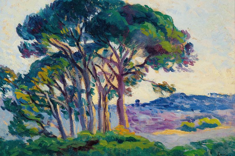 Paisagem com pinheiros e céu azul, óleo sobre tela de Maximilien Luce