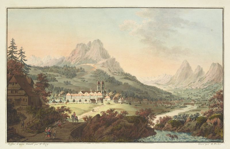 Landscape featuring the abbey of Einsiedlen by Gabriel Lory the older, medium unknown.