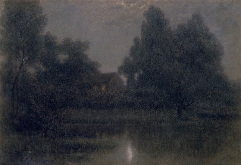 Moonlight Scene with House, Lake and Trees by Gabriel Villard, oil painting depicting a tranquil night landscape.