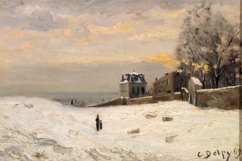 Snow-covered Montmartre landscape, oil painting by Hippolyte Camille Delpy