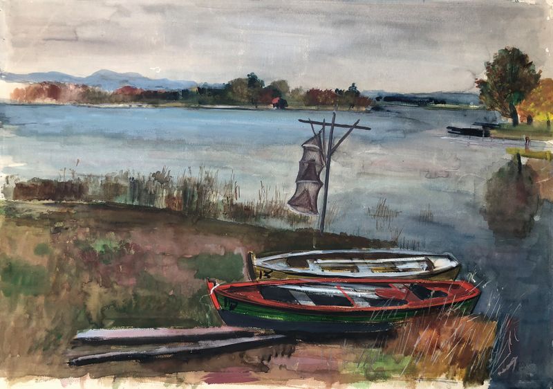 Fischerkähne de Otto Geigenberger, pintura a óleo que mostra barcos na água