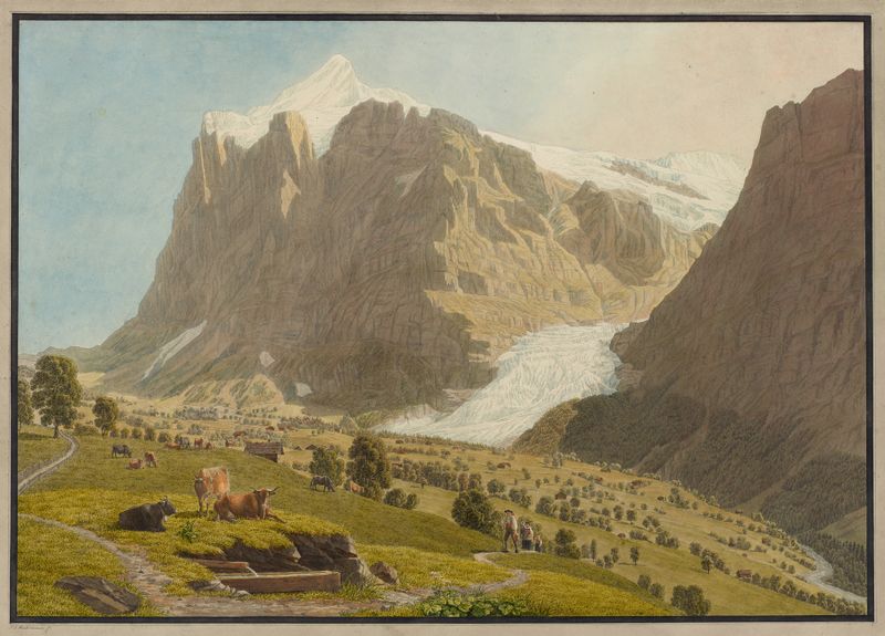 Oil painting by Johann Jakob Biedermann depicting Wetterhorn and glacier at sunset