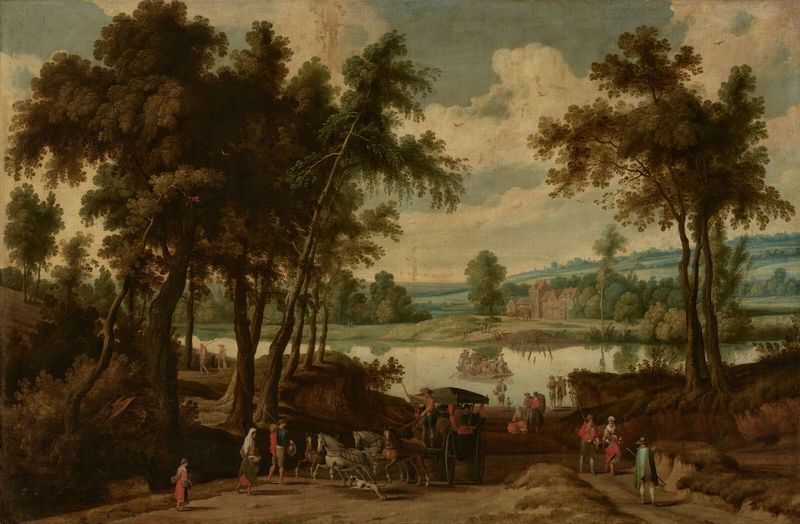 River landscape with a carriage transporting passengers and a ferry crossing by Jan Wildens, oil painting