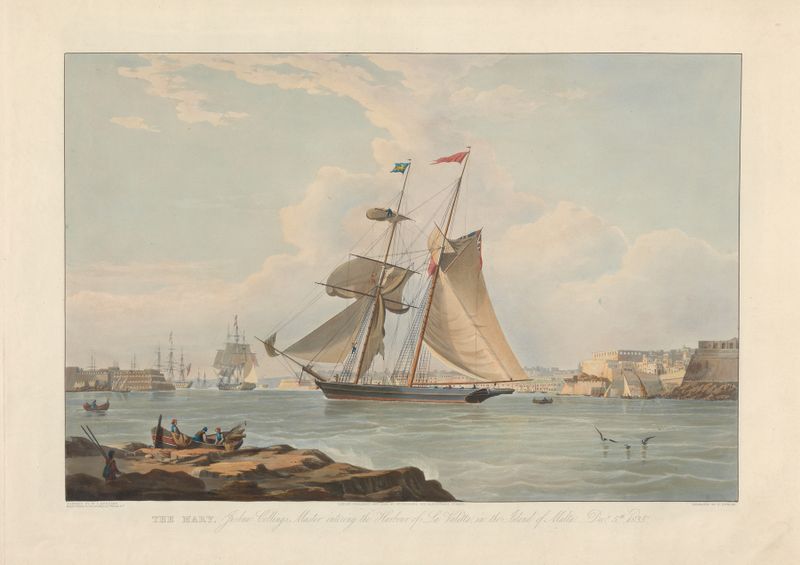 Oil painting by Edward Duncan depicting a ship entering the harbour of La Valletta, Malta.