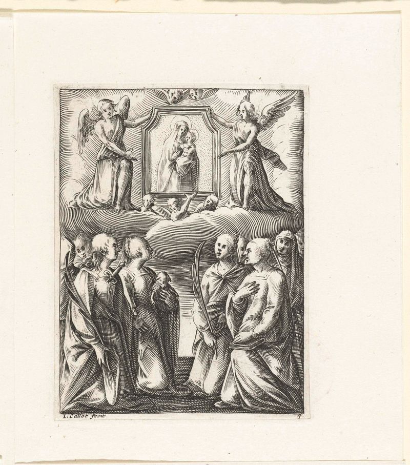 Grabado de Jacques Callot que representa a la Virgen María y a las santas en una escena religiosa