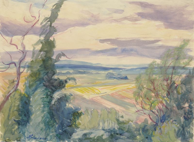 Paisaje junto al Oise, pintura al óleo de Maria Slavona que representa un río sereno y árboles.