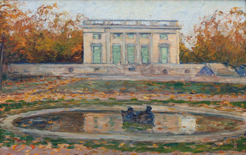 Paisagem de outono com folhagem e Petit Trianon, óleo sobre tela de Märtha Tynell