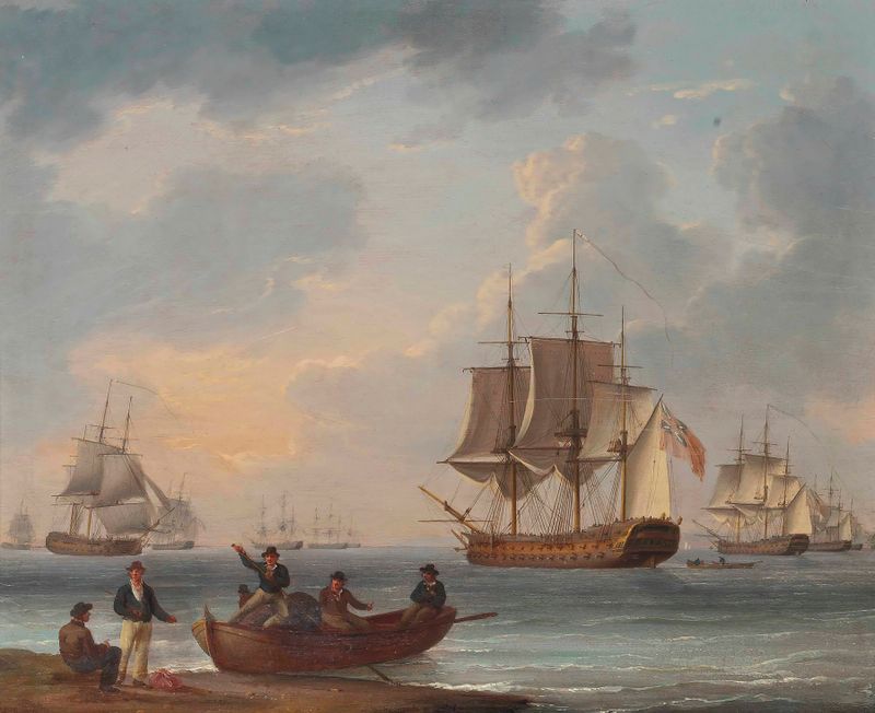 Oil painting by William Anderson depicting sailors pushing off from shore at sunset.