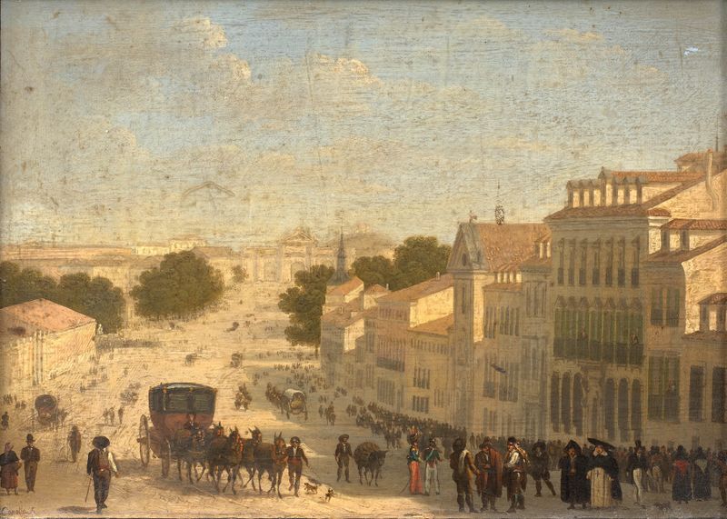 Vue de la Calle de Alcalà, escena arquitectónica de Giuseppe Canella, óleo