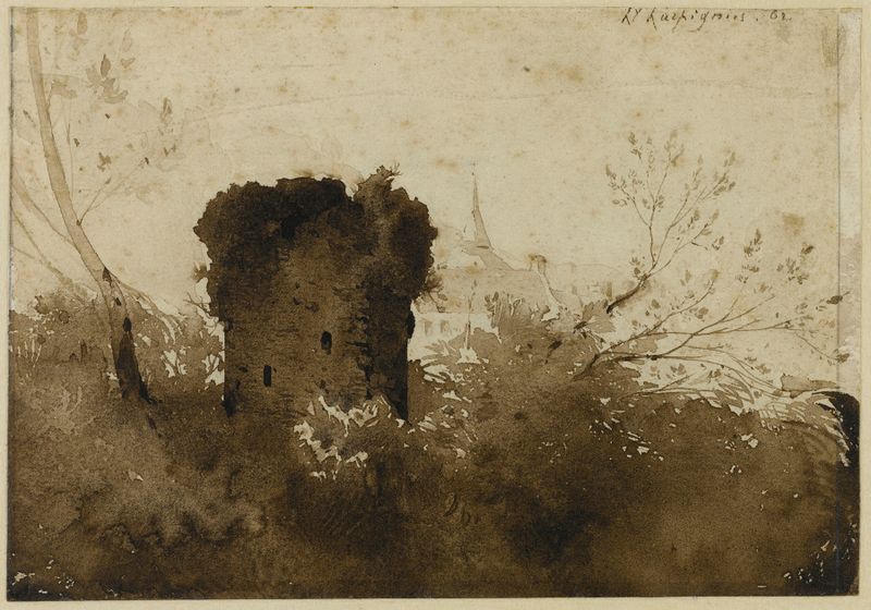 Tour en ruine de Henri-Joseph Harpignies, óleo sobre tela que retrata uma torre em ruínas em uma paisagem tranquila.