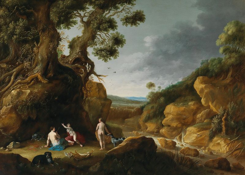 Diana and her nymphs in a rocky wooded river landscape, oil painting by Gillis Claesz. de Hondecoeter