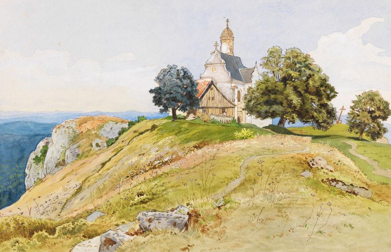 Landscape featuring a church and hills by Victor Paul Mohn, oil painting