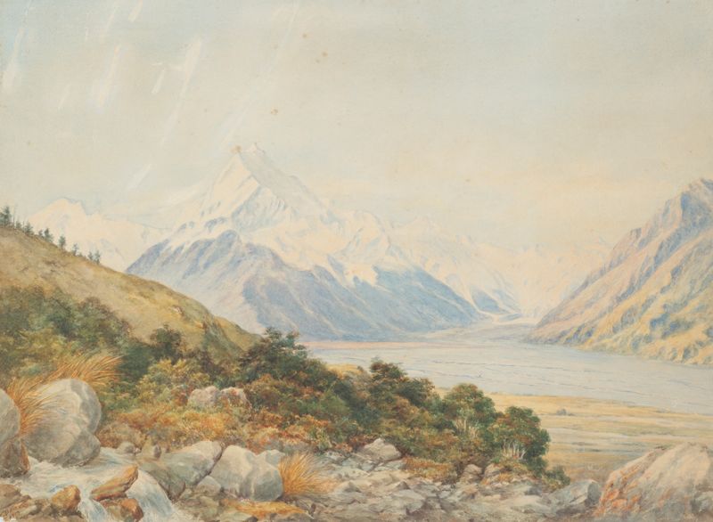 Mt. Cook from Tasman Valley by Charles Decimus Barraud, oil painting of a mountain landscape.