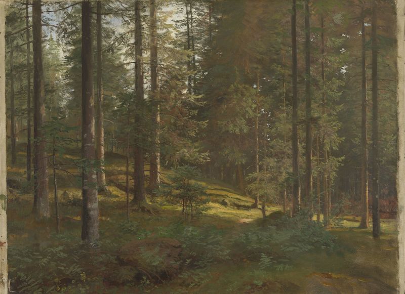 Paisagem arborizada de Hans Gude, óleo sobre tela que retrata uma floresta serena com luz filtrando entre as árvores.
