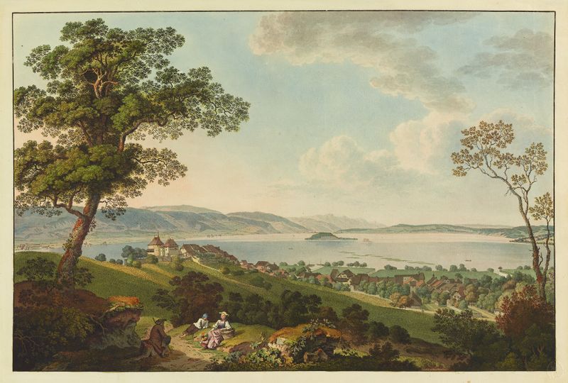 Paisagem com um lago e reflexos, pintura a óleo de Johann Ludwig Aberli