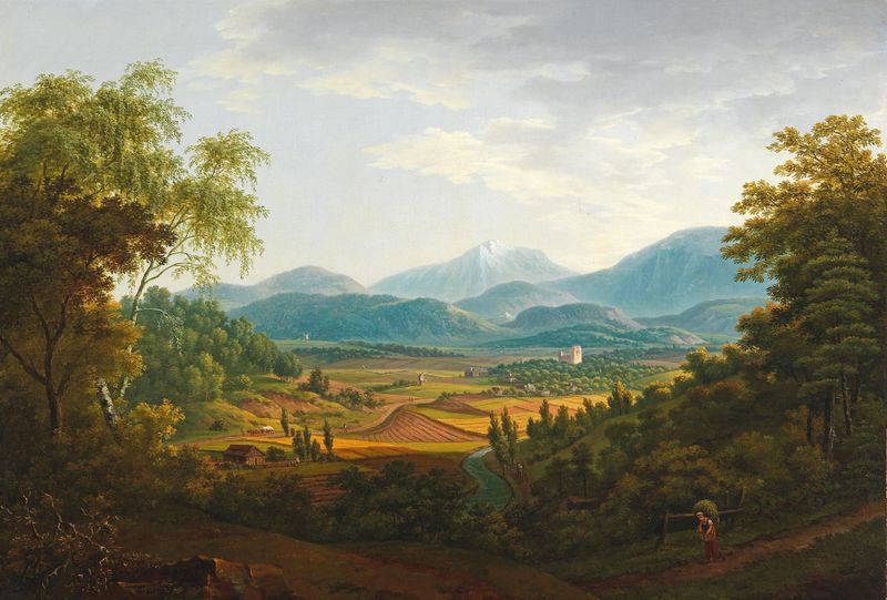 Paisaje óleo de Franz Scheyerer que muestra colinas suaves y luz tenue.