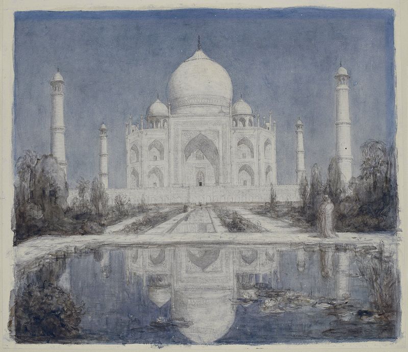 Taj Mahal bij maanlicht, watercolor on paper by Marius Bauer, featuring the mausoleum under moonlight.