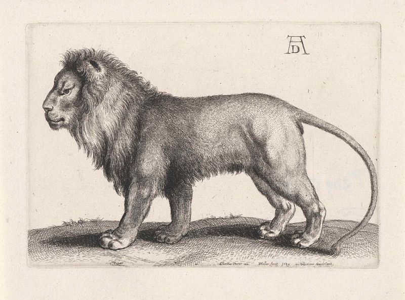 Gravura de Wenceslaus Hollar retratando um leão em pé majestoso.