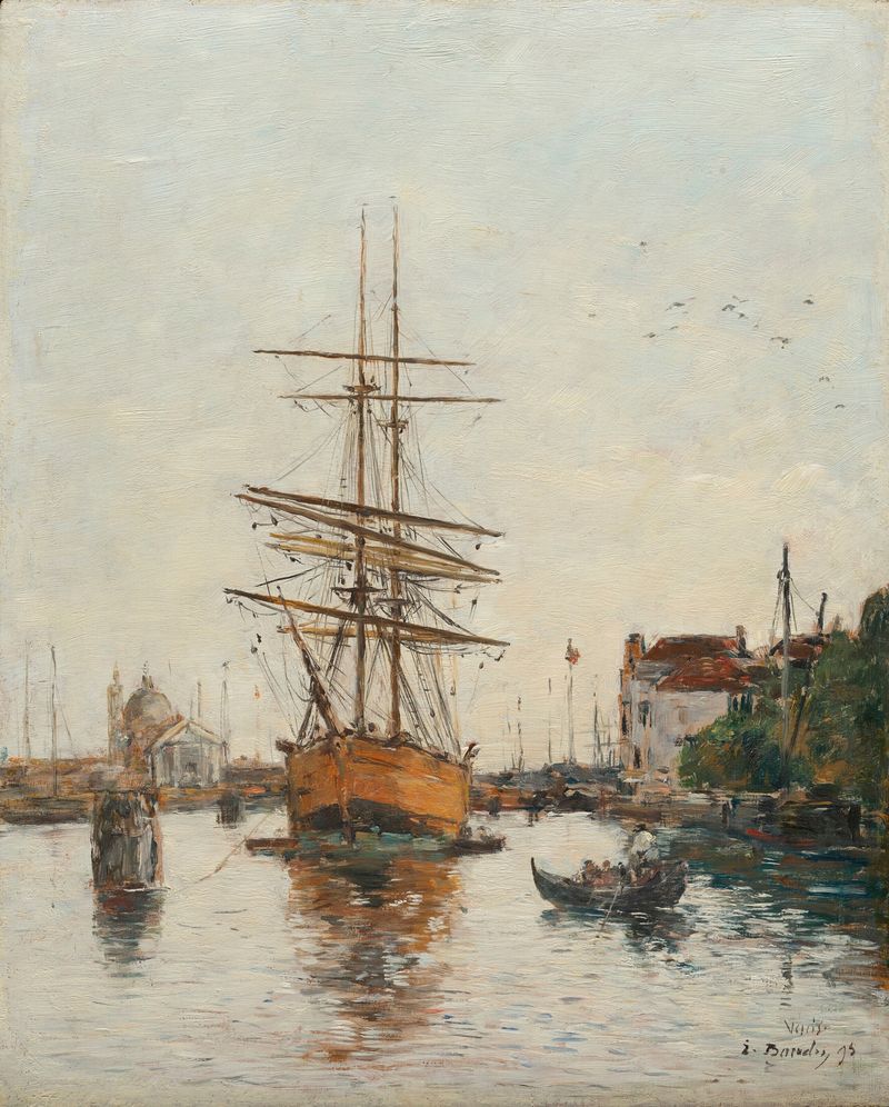 Venise, Le Quai de la Giudecca, óleo sobre tela de Eugène Boudin mostrando barcos em um porto tranquilo.