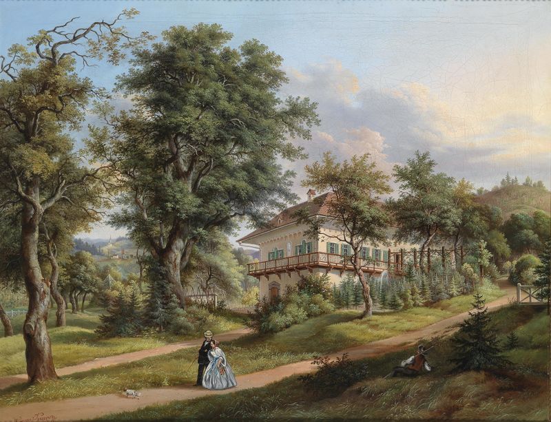 Parklandschaft mit Spaziergängern by Vinzenz Kreuzer, oil on canvas depicting a tranquil park with figures.