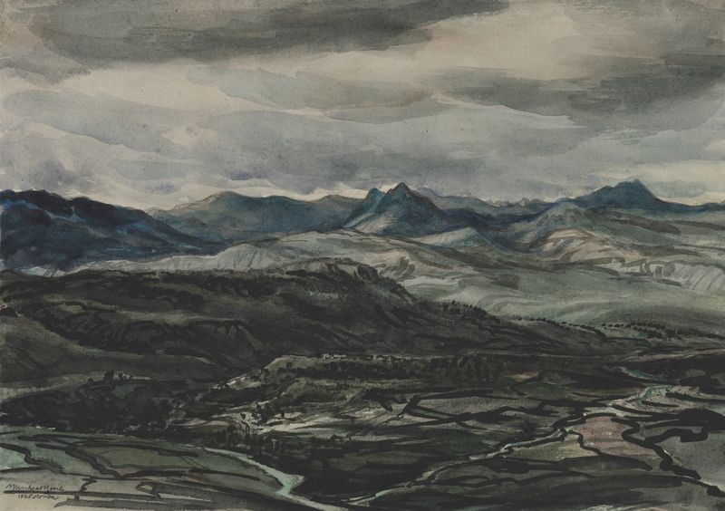 Storm Weather, uma gravura de Muirhead Bone que retrata uma paisagem dramática em Ronda, Espanha.