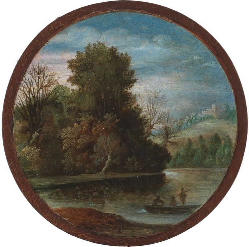 A river landscape by Paul Bril, depicting a tranquil river with dark trees, oil painting