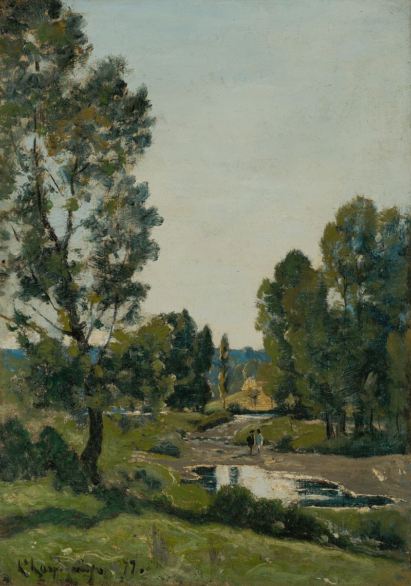 La flaque au bois, óleo sobre lienzo de Henri-Joseph Harpignies, que representa un tranquilo estanque y frondosa vegetación.