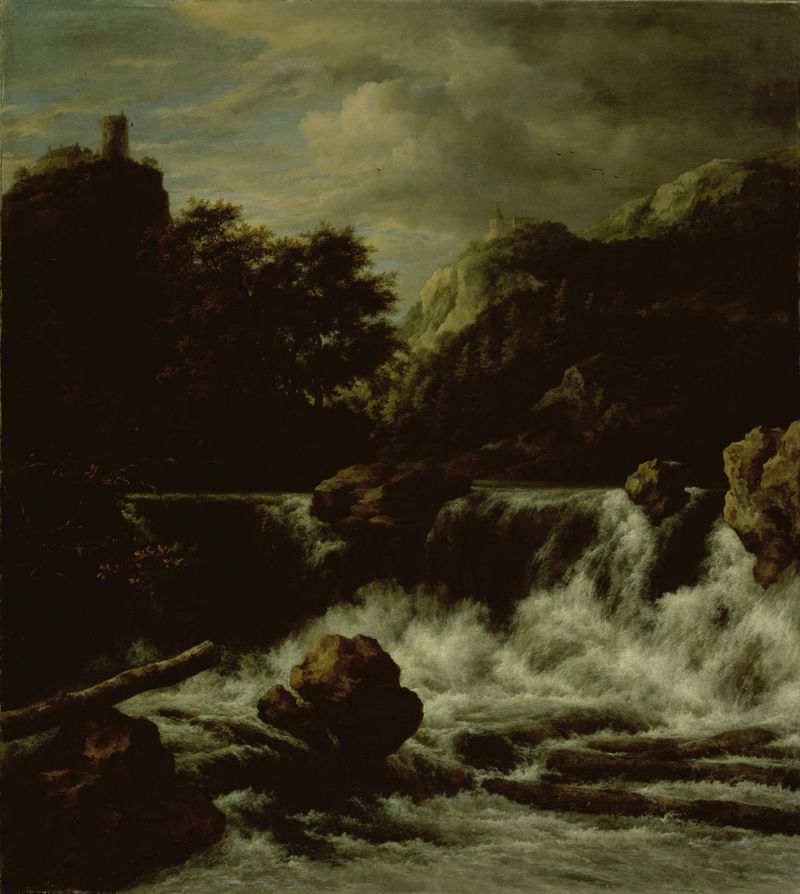 Paisaje montañoso con cascada, pintura al óleo de Jacob van Ruisdael