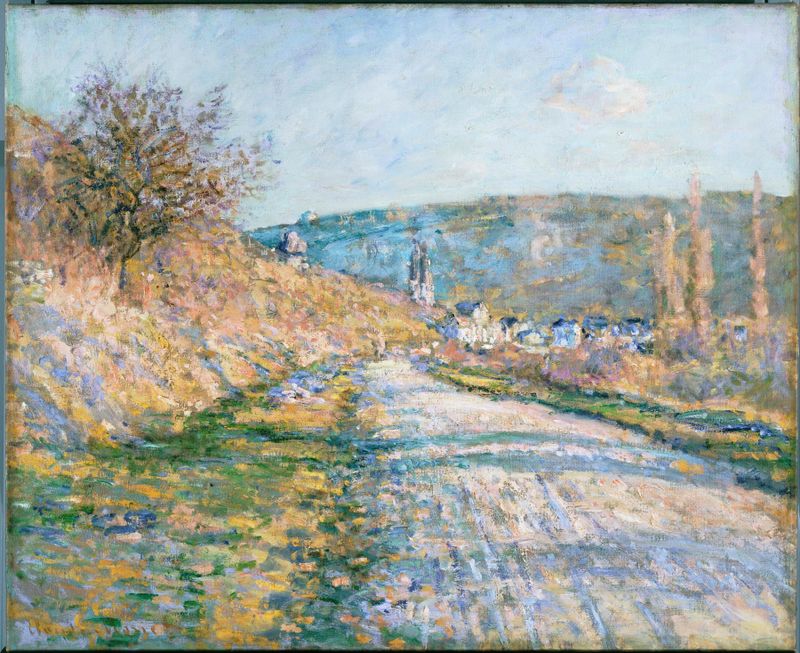 O Caminho para Vétheuil de Claude Monet, pintura a óleo que retrata uma paisagem serena com árvores e uma estrada.