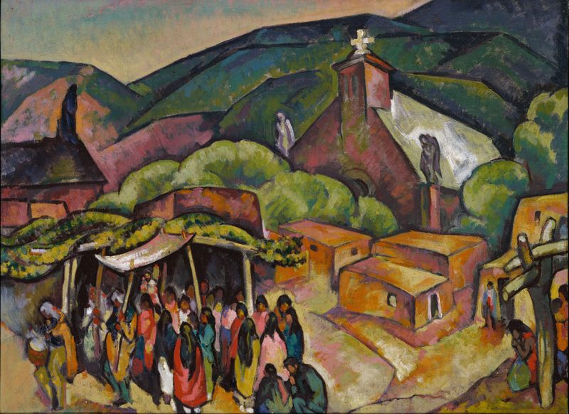 Escena de género de una celebración en Pueblo de San Juan, pintura al óleo de William Penhallow Henderson