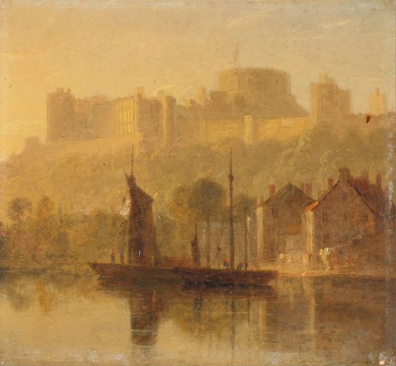 Windsor Castle from the Thames de William Daniell, pintura al óleo que muestra un río al anochecer.