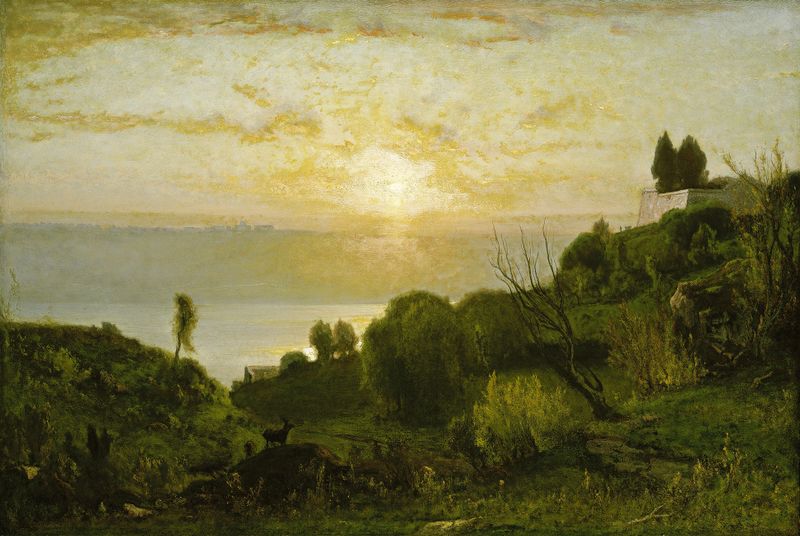 Lake Albano, Sunset by George Inness, oil on canvas showing a tranquil lake at sunset