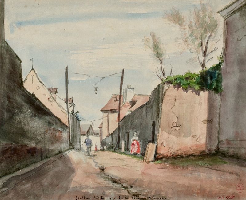Rue de la Reine Blanche de Henri Jean Baptiste Levis, escena de género, que representa una calle con adoquines y luz.