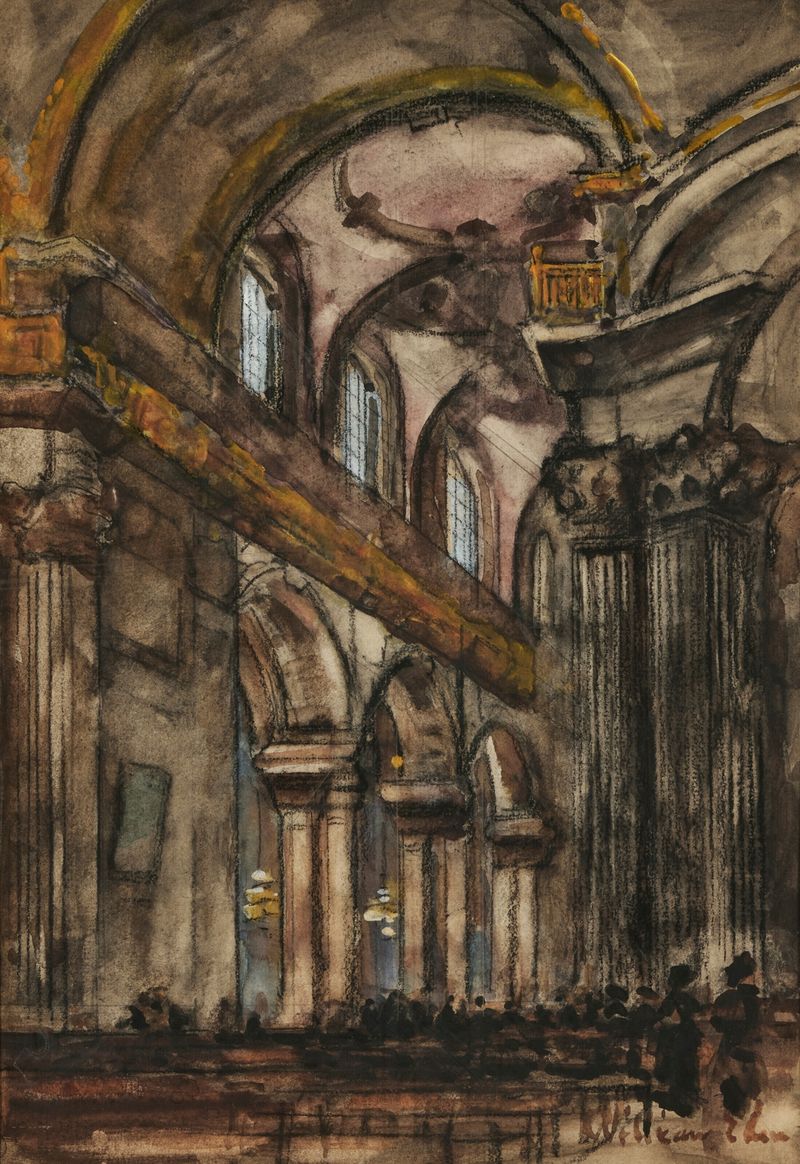 Church interior with stained glass and soft light, oil painting by Sir William Eden