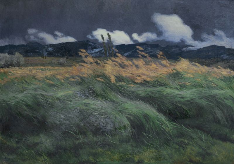 Landscape by Louis Patru, oil on canvas, depicting a serene horizon and natural scenery.