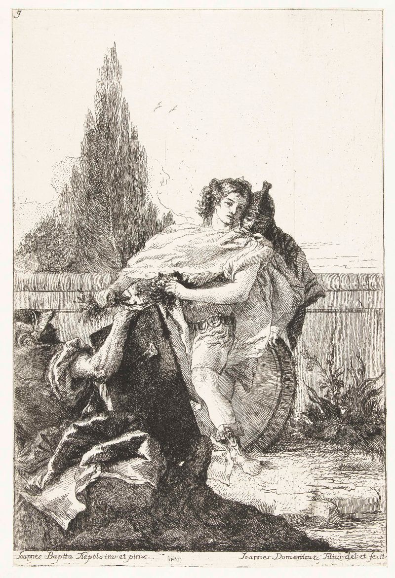 Ubaldo en Carlo verwijten Rinaldo zijn zwakte, grabado de Giovanni Domenico Tiepolo que representa una escena histórica te...