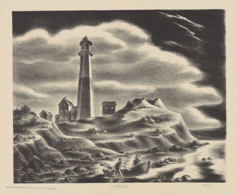 Lighthouse de Hugh Botts, modernismo, retratando um farol contra um mar tempestuoso