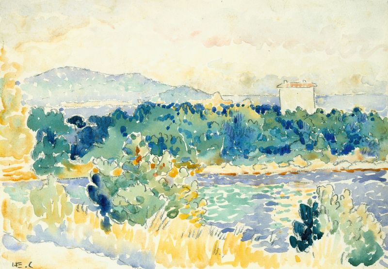 Paisaje mediterráneo con una casa blanca, pintura al óleo de Henri-Edmond Cross