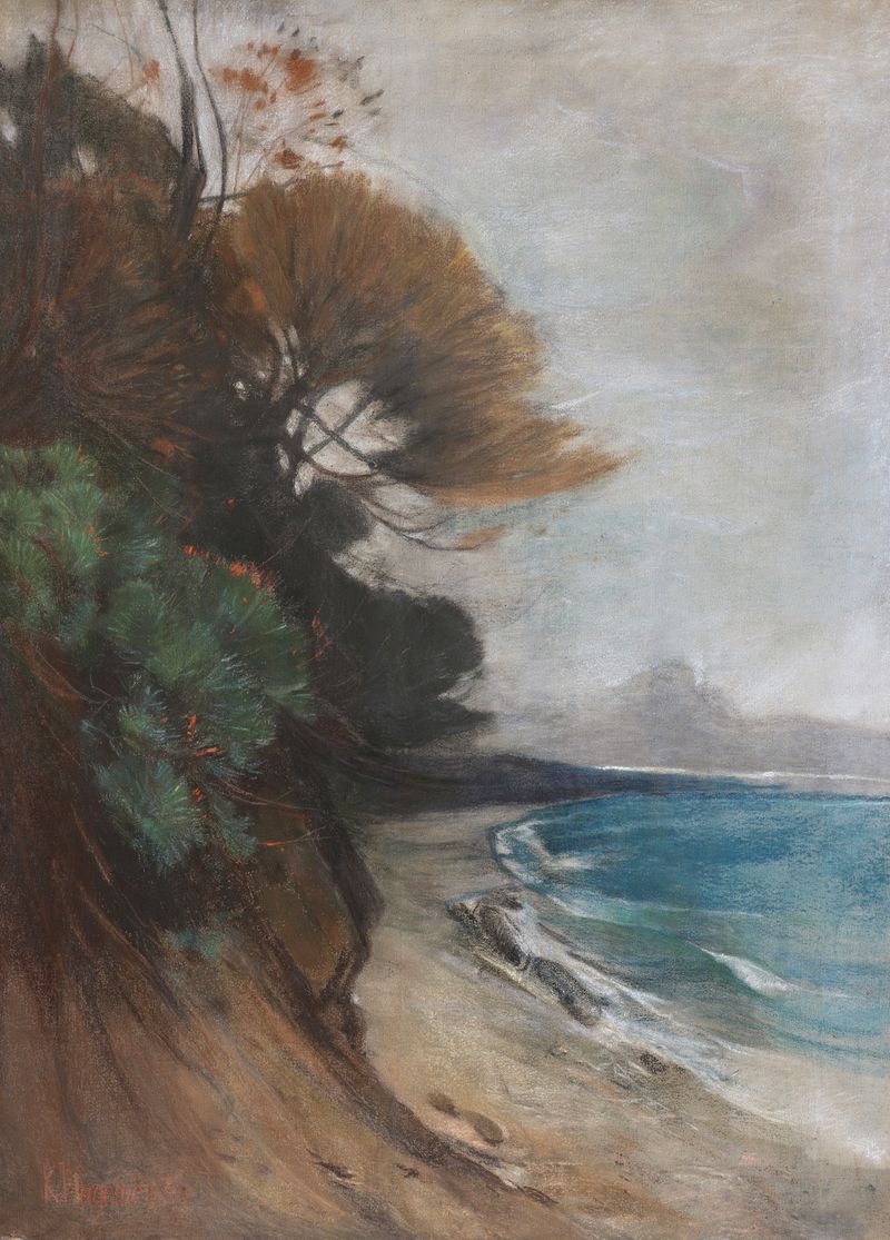 Bewaldete Küstenlandschaft by Karl Hagemeister, oil on canvas depicting lush coastal foliage.
