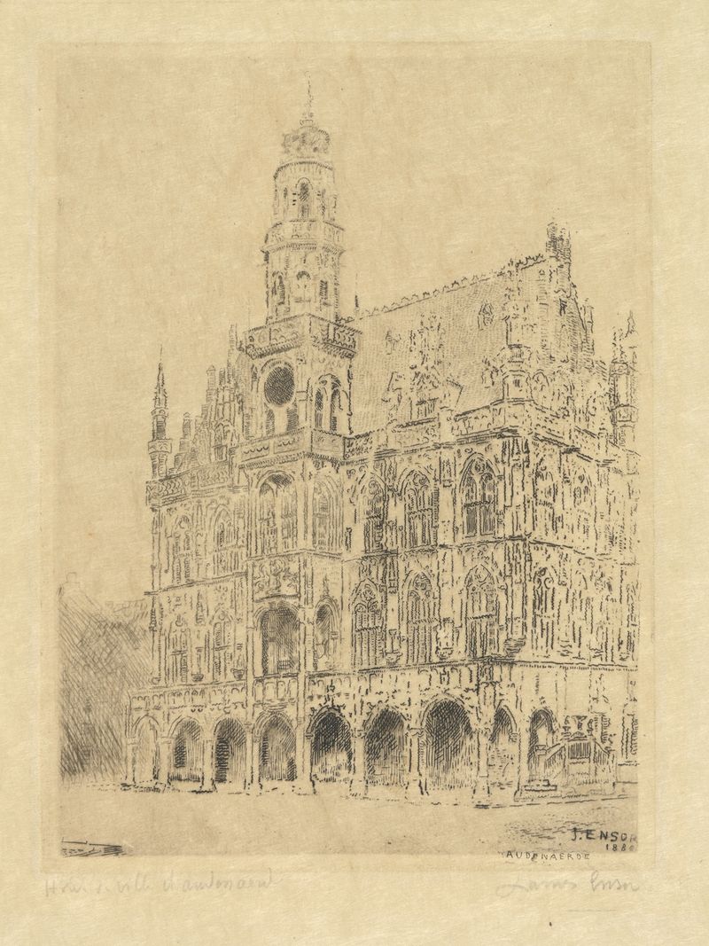 Stadhuis van Oudenaarde, oil painting by James Ensor, featuring intricate architecture.
