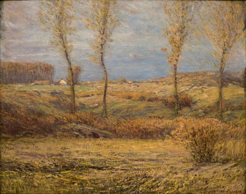 November Morning by Dwight William Tryon, oil painting depicting soft light filtering through trees.