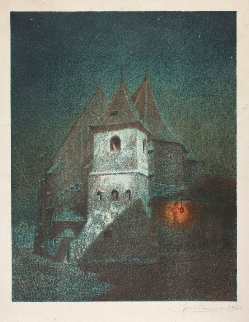 St. Marc’s Church in Krakow by Józef Rapacki, oil painting depicting a church against a foggy sky