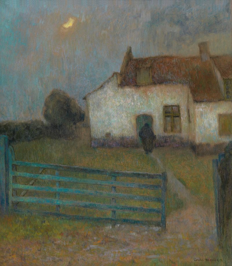 Evening Peace by Carolus Tremerie, oil on canvas depicting a serene landscape at twilight